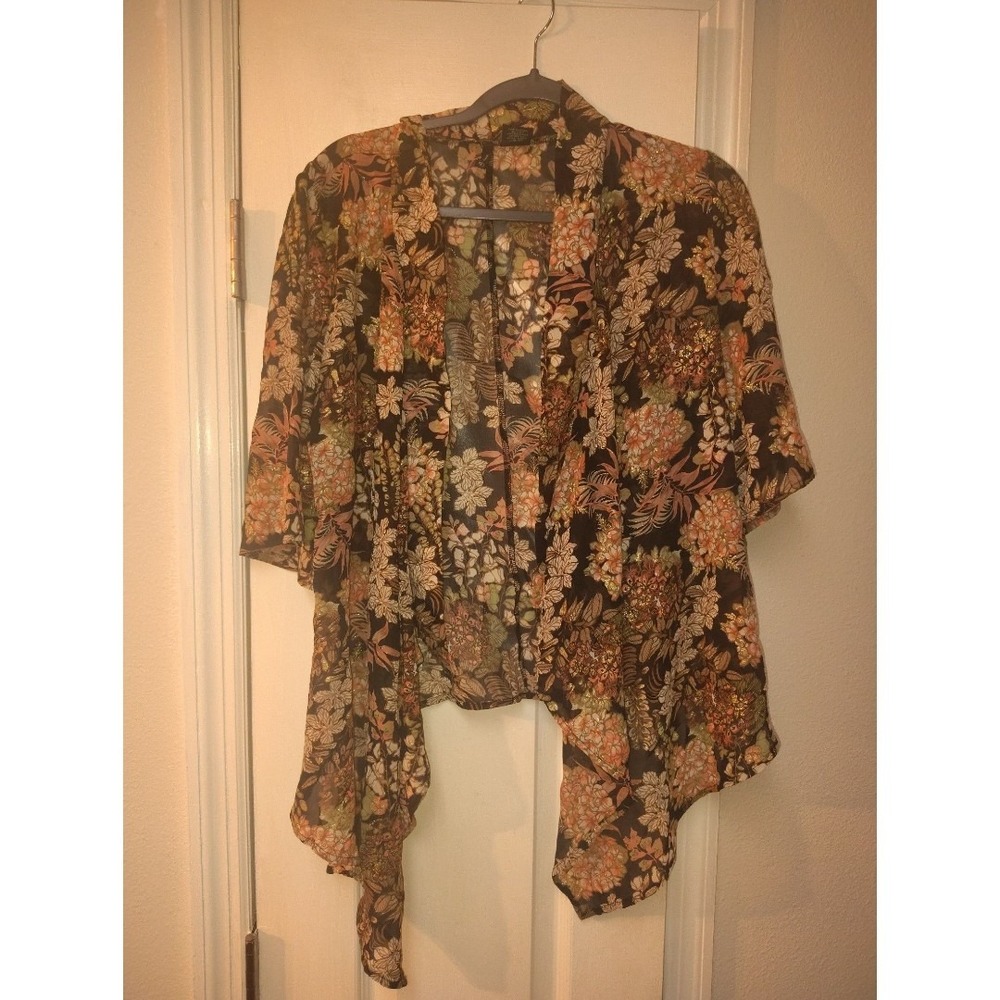 New Directions Floral Chiffon Kimono Wrap Gold Metallic Sheer Cardigan Small‎